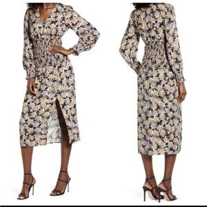 AFRM Nordstrom hazel floral smocked midi dress in gold bouquet long sleeve Small